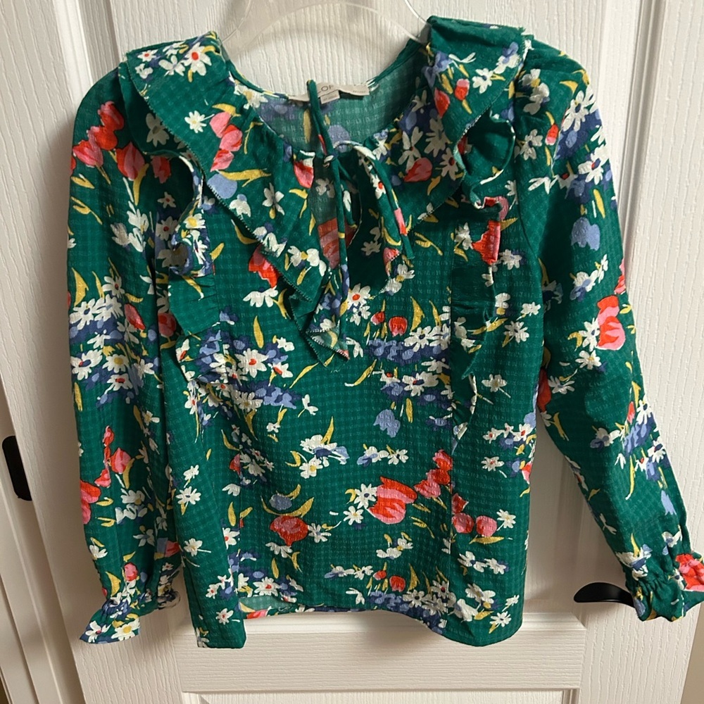 LOFT Green Floral Ruffle Top